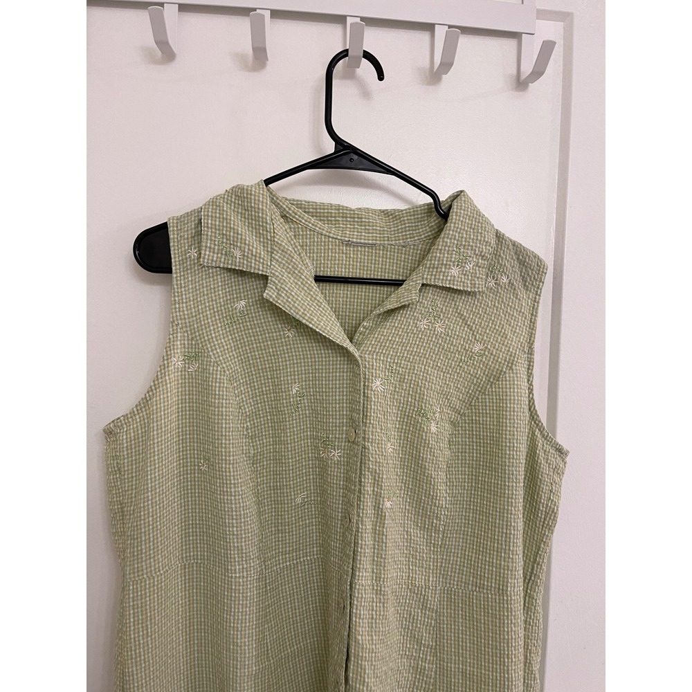 Vintage 90s Daisy Embroidered Green Gingham Midi Dress Collared Chic